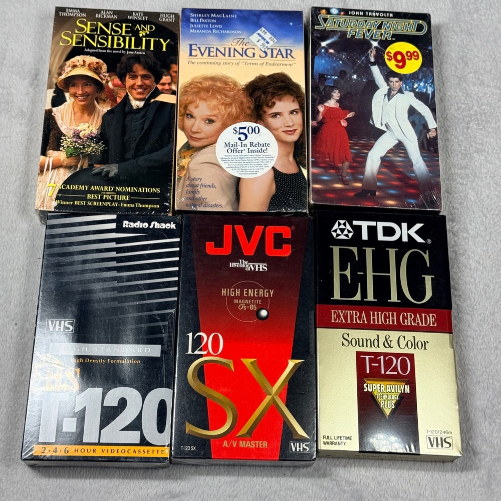 Mixed VHS Tape Lot 6pc Movies & Blank T-120 Sealed Saturday Night Fever JVC TDK